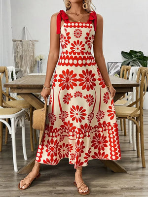 Charming Floral Tie-shoulder Midi Dress in red floral print with bow details.