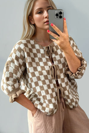 Checkered tie-front knit cardigan with ruffle sleeves in taupe and white