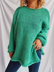 Turquoise open-knit acrylic slouchy boatneck pullover sweater with long sleeves.