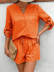 Orange linen henley shirt with rolled sleeves and drawstring shorts set