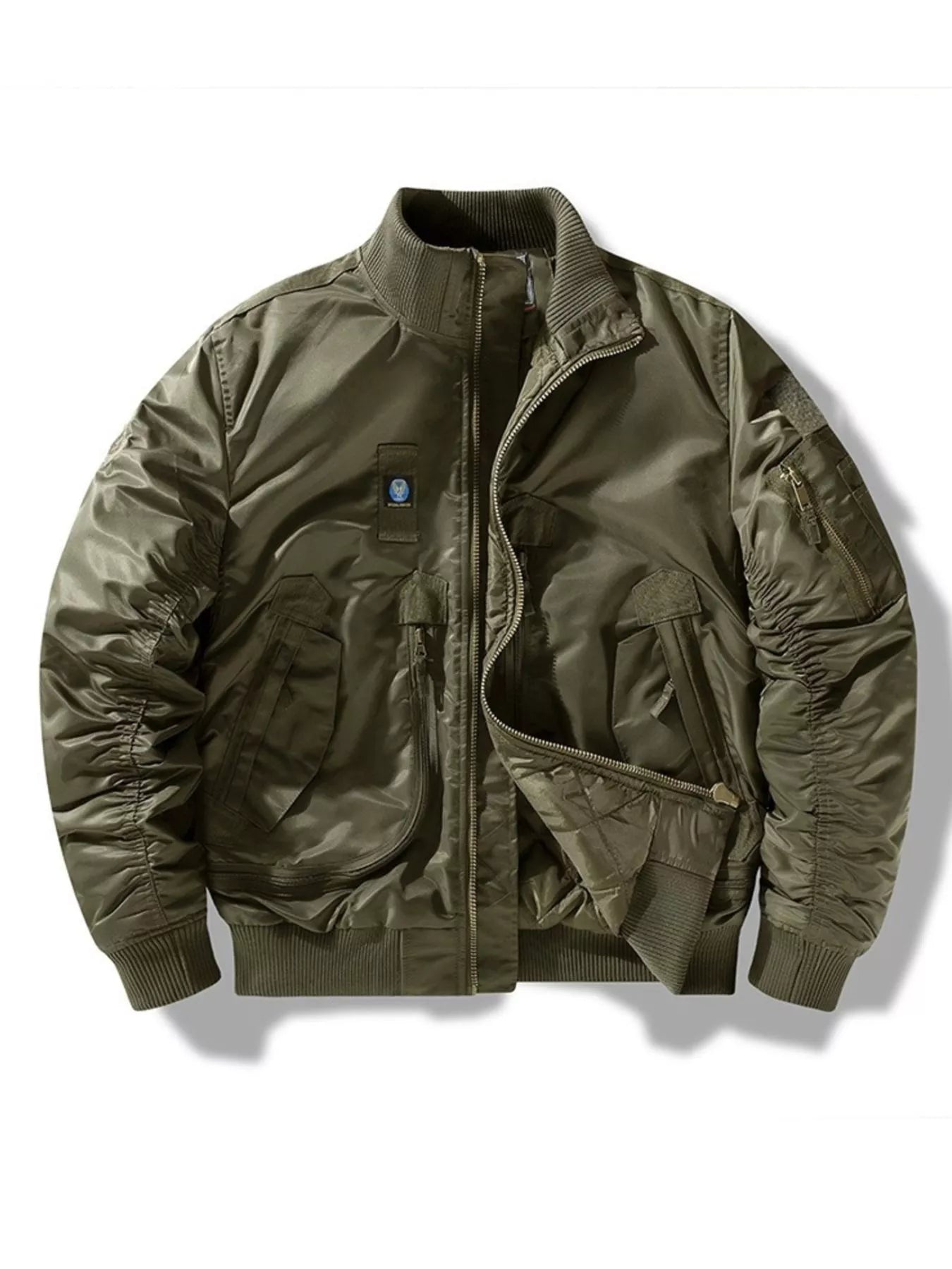 Zip up bomber jacket in Army Green with ruched sleeves and multiple zippered pockets.