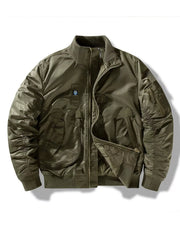 Zip up bomber jacket in Army Green with ruched sleeves and multiple zippered pockets.