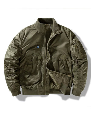 Zip up bomber jacket in Army Green with ruched sleeves and multiple zippered pockets.