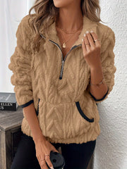 Cozy Khaki Sherpa Half Zip Sweatshirt with textured fleece and contrast trim pockets.