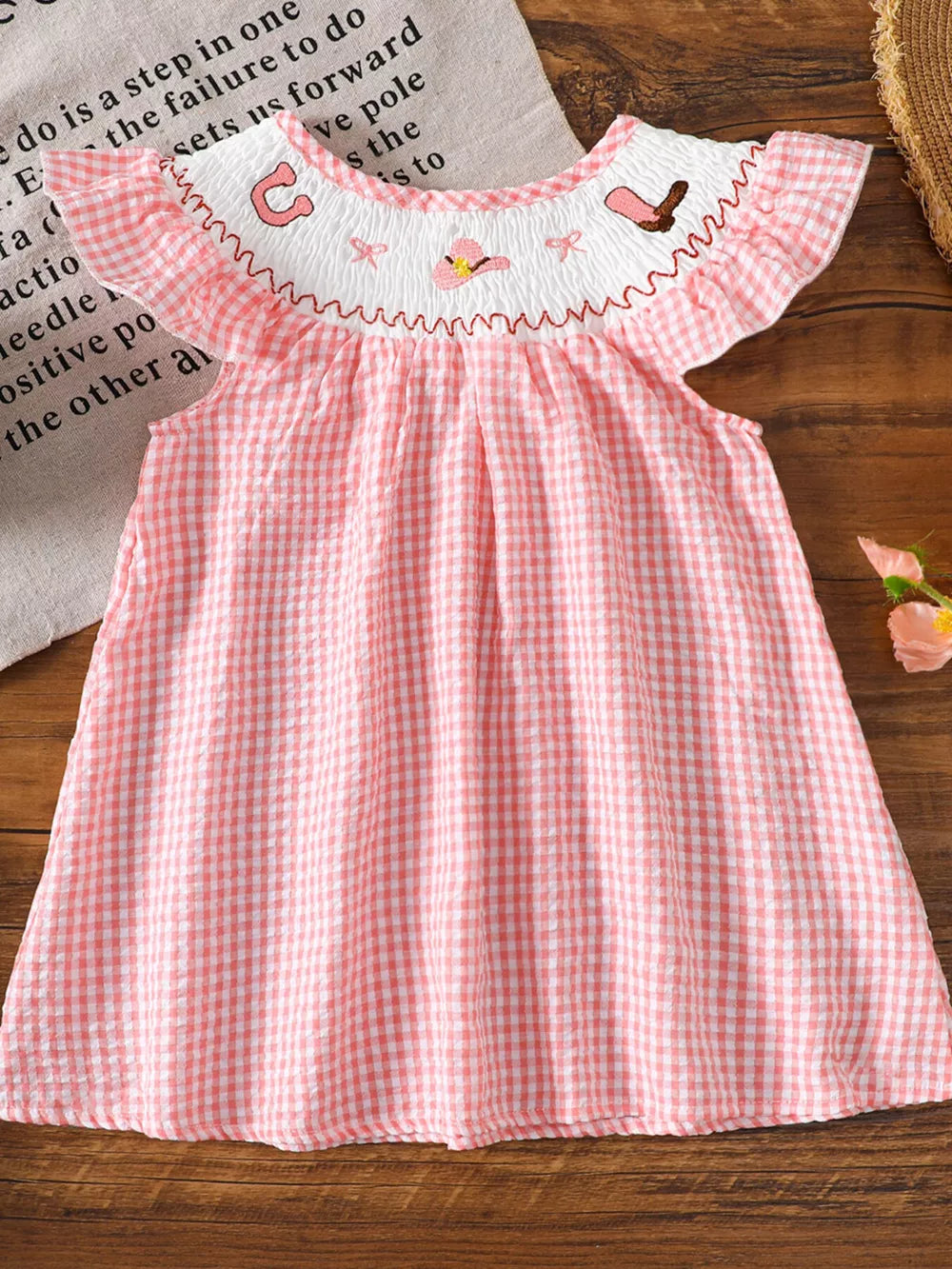 Children's Smocked Plaid Ruffle Sleeve Dress in Pink, front view
