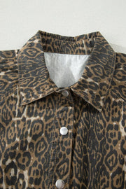 Leopard print denim dress with collar and silver snap buttons