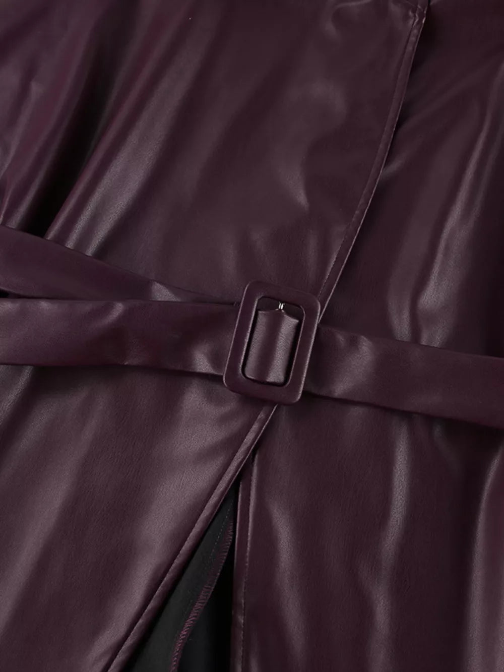 Stand Collar Belted Faux Leather Jacket in Wine Red, view 19