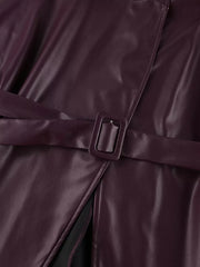 Stand Collar Belted Faux Leather Jacket in Wine Red, view 19