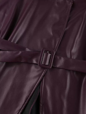 Stand Collar Belted Faux Leather Jacket in Wine Red, view 19