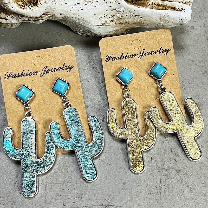 Cactus silhouette drop earrings with turquoise gems in olive and aqua colors.
