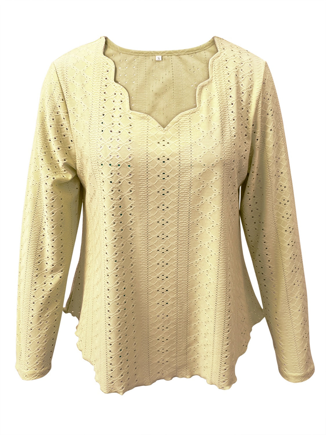 Light Yellow scalloped eyelet yoke blouse with long sleeves and a V-neckline.