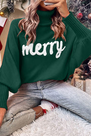 Dark green acrylic turtleneck sweater with white "merry" script and dolman sleeves.