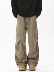 Khaki cargo sweatpants with drawstring waist and button flap pockets.
