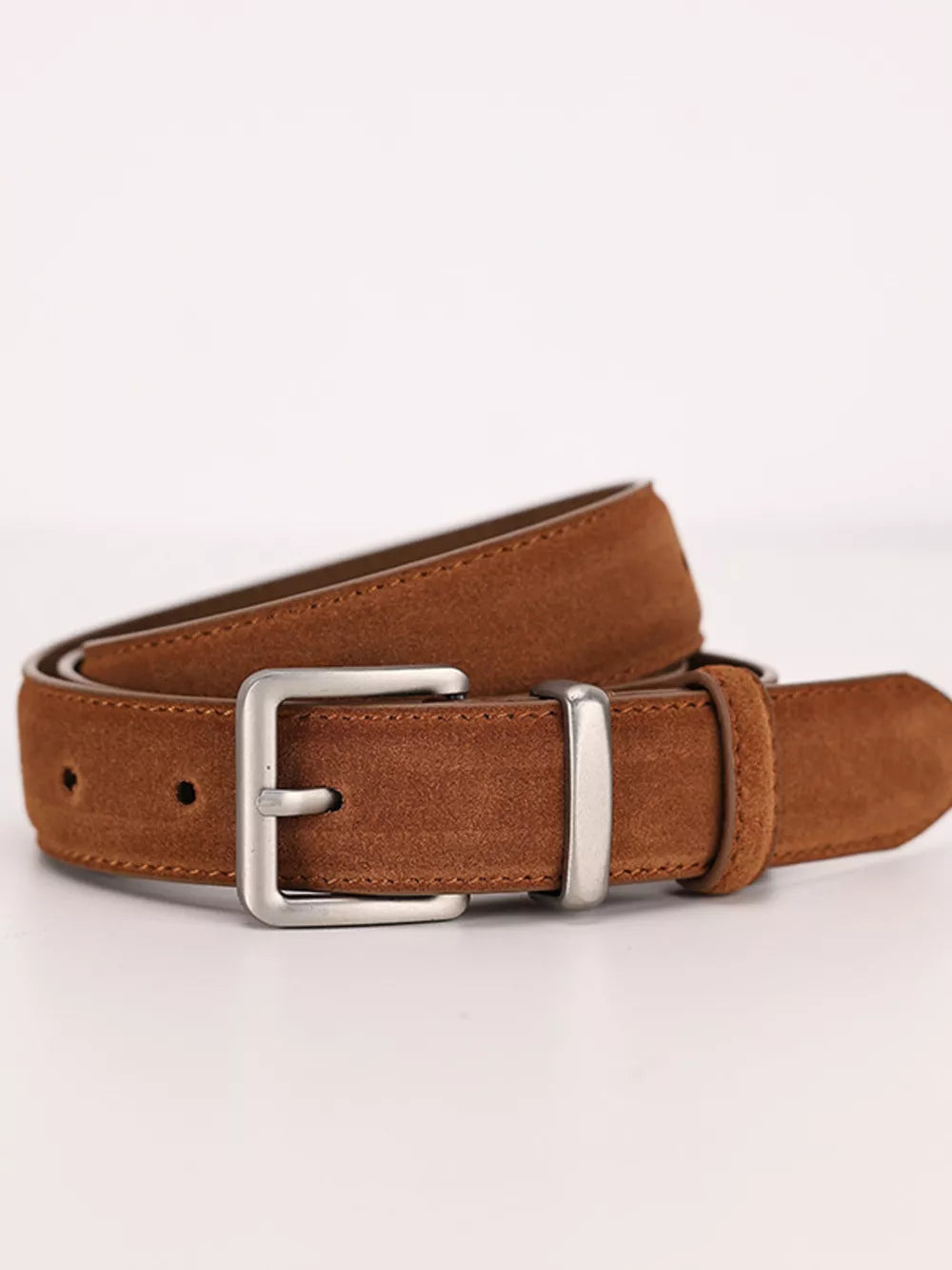 Brown suede leather belt with silver buckle and keeper loop.