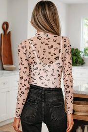 Mock Neck Sheer Mesh Leopard Bodysuit in Khaki, back view