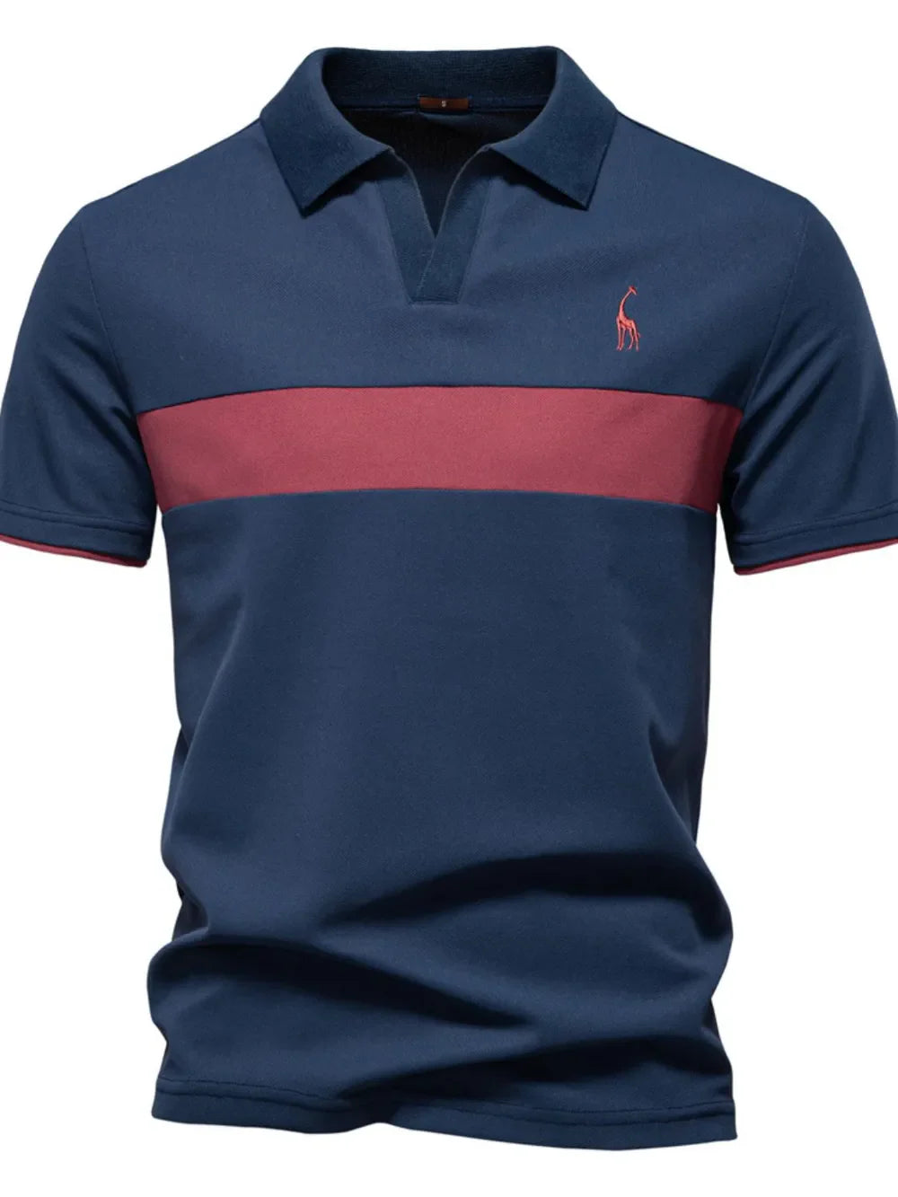 Navy polo shirt with red stripe and giraffe embroidery