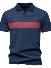 Navy polo shirt with red stripe and giraffe embroidery