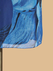 Blue abstract print mesh spaghetti strap dress detail