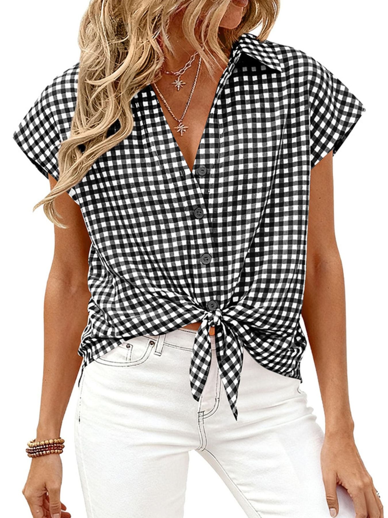 Black gingham print button-down shirt with short sleeves and a front tie detail.