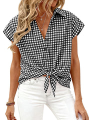 Black gingham print button-down shirt with short sleeves and a front tie detail.