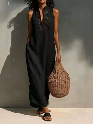 Sleeveless Maxi Dress With Pockets in Orange, model styling view