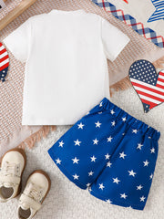 White baby tee and blue star print shorts ensemble, comfortable cotton outfit.