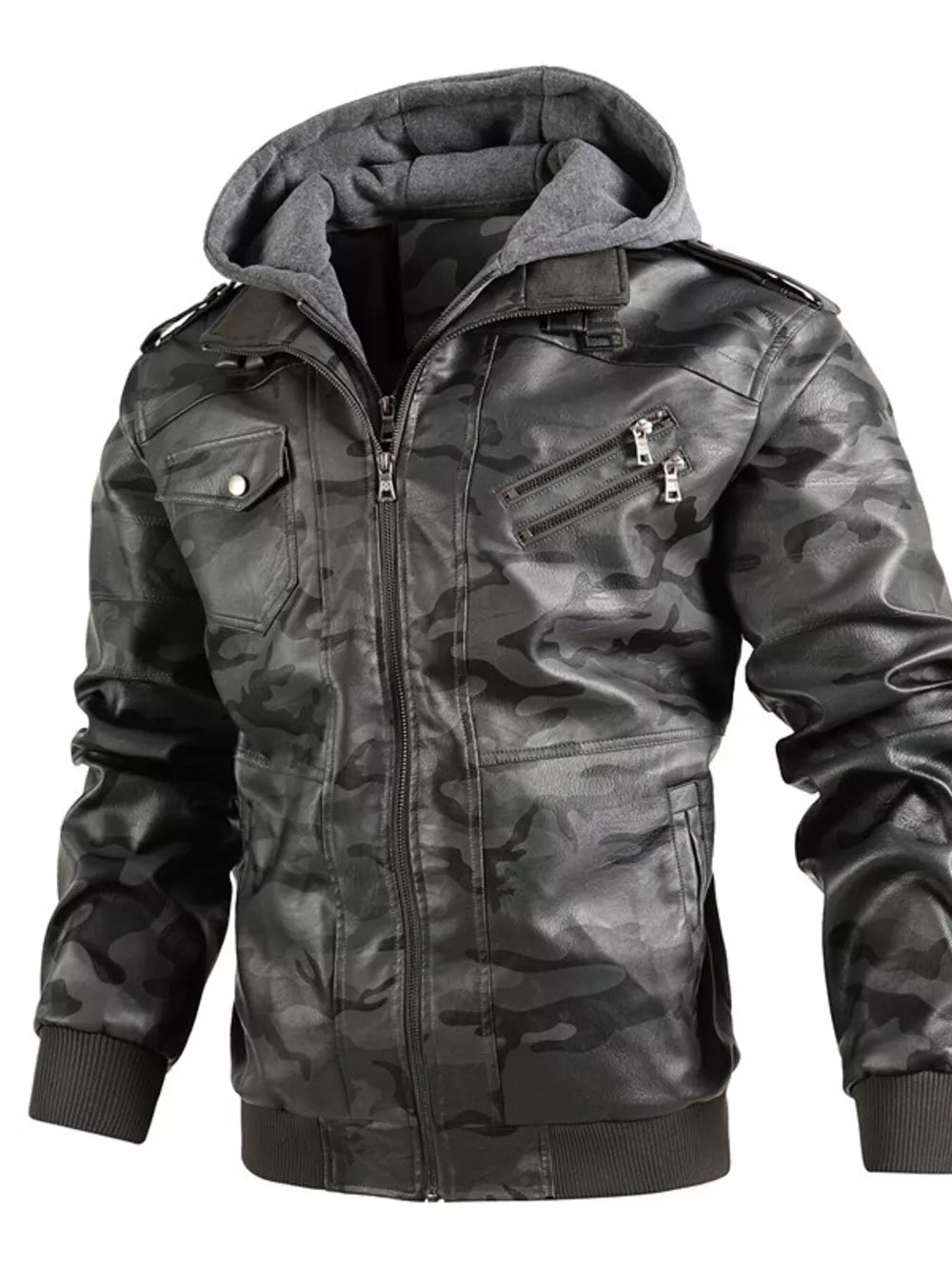 Men's faux leather moto jacket with hoodie in camouflage gray, featuring zippered pockets and button-down chest pockets.
