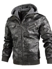 Men's faux leather moto jacket with hoodie in camouflage gray, featuring zippered pockets and button-down chest pockets.