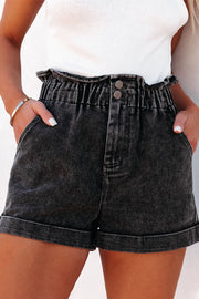 Dark washed denim paperbag cuff shorts with button detail and rolled hems.