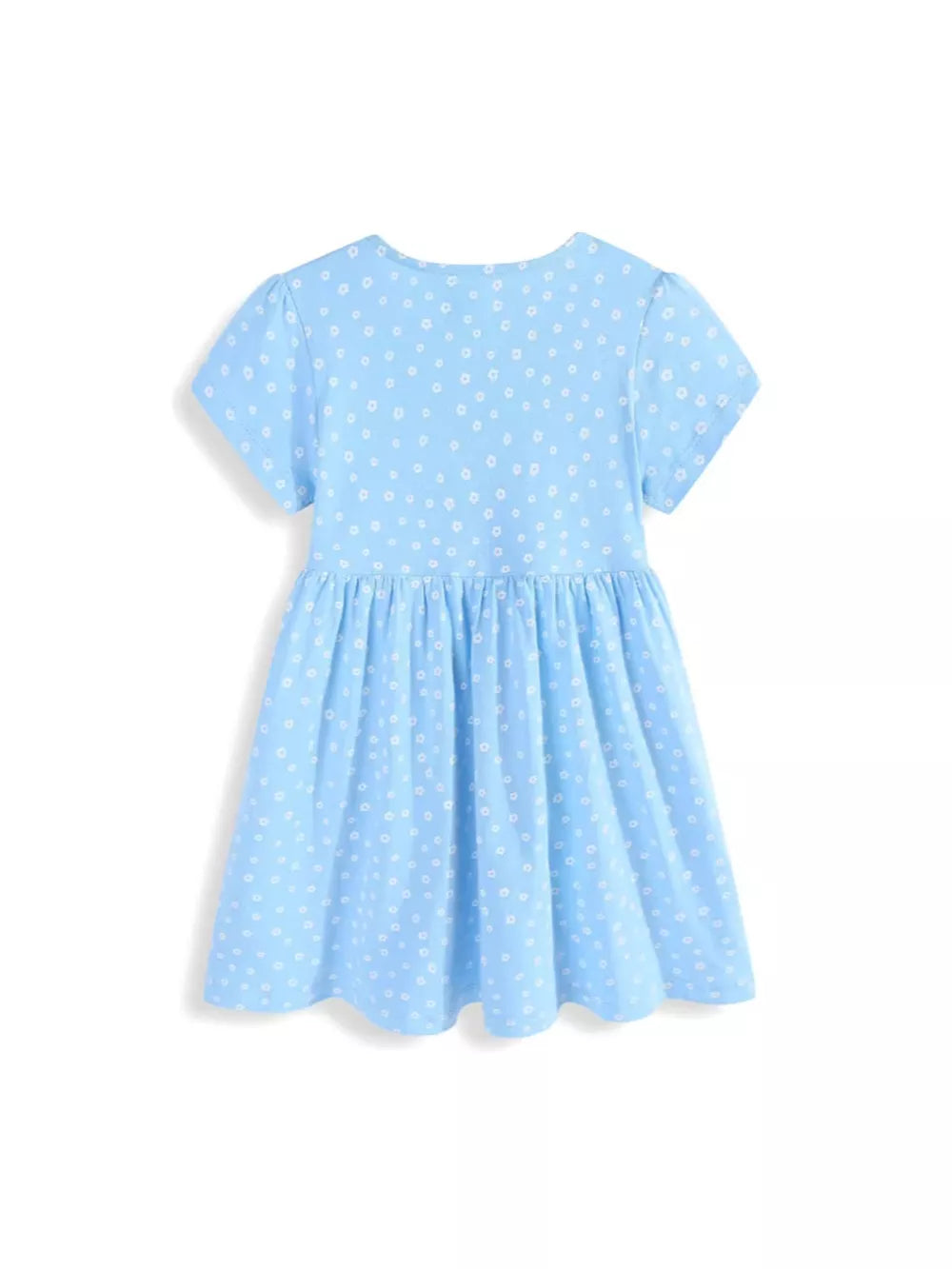 Baby girls blue cotton dress with white floral embroidery, short sleeves, and gathered skirt.