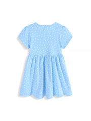 Baby girls blue cotton dress with white floral embroidery, short sleeves, and gathered skirt.