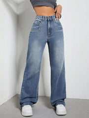 Medium wash denim wide-leg jeans with utility pockets and a high waist.