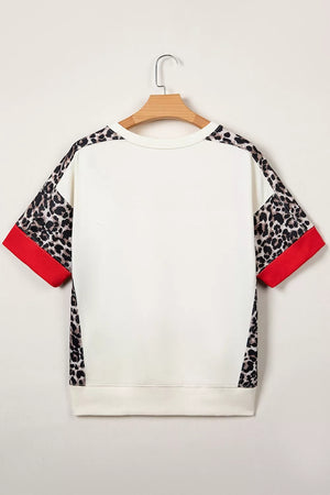 Leopard Patchwork Uneven Hem Short Sleeve Top, close-up detail