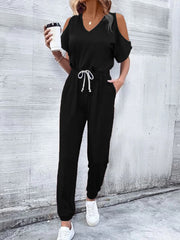 Black cold-shoulder jumpsuit with drawstring waist and v-neckline