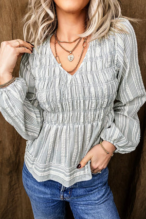 Stripe V Neck Shirred Long Sleeve Blouse in Light Blue, model styling view