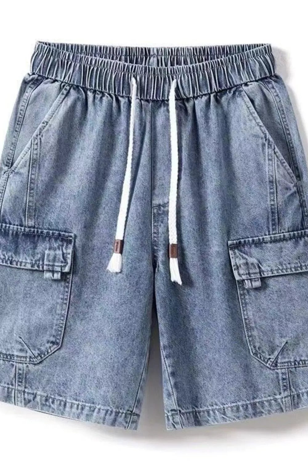 Blue denim cargo shorts for him with elastic waistband and drawstring.