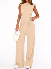 Apricot ruffled cap sleeve crew neck maternity two-piece ensemble with wide leg pants.