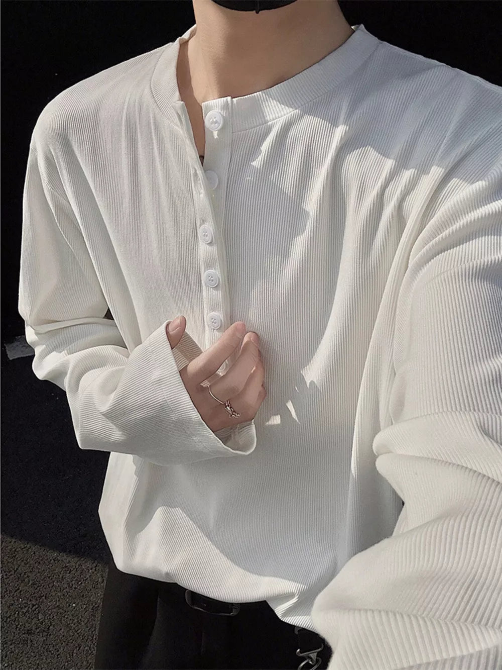 Men's Plus Size Button Detail Long Sleeve Henley in Light Gray, model styling view