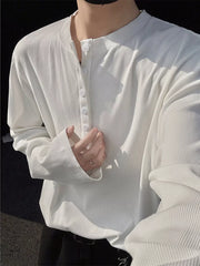 Men's Plus Size Button Detail Long Sleeve Henley in Light Gray, model styling view