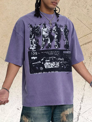 Purple cotton graphic t-shirt with distressed crew neck and short sleeves.