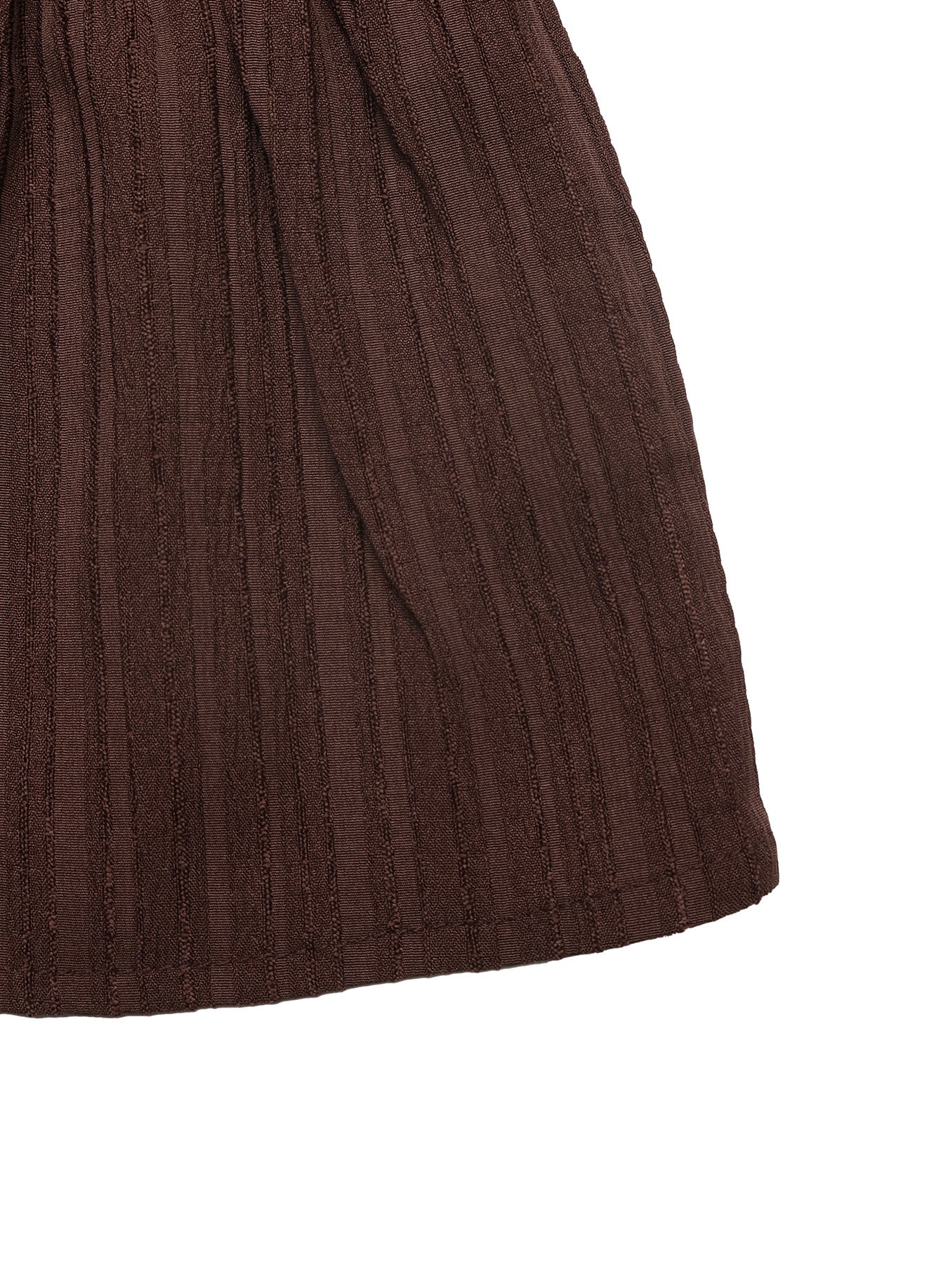 Dark brown textured mini dress with gathered bodice and tiered ruffles.