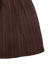 Dark brown textured mini dress with gathered bodice and tiered ruffles.