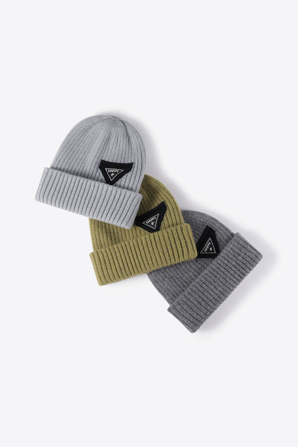 Ribbed acrylic beanies in Steel and Green with black triangle patch detail