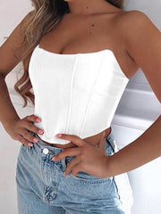 White structured corset crop top with sweetheart neckline and boning details.