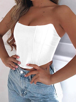 White structured corset crop top with sweetheart neckline and boning details.