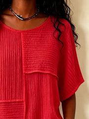 Full Size Texture Round Neck Half Sleeve Blouse, editorial view