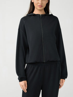 Black cropped active zip hoodie with raglan sleeves and elasticated hem