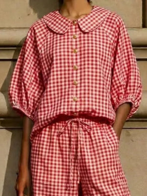 Full Size Plaid Button Up Shirt And Pants Set Plus Size, model styling view
