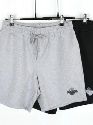 Grey jersey shorts with drawstring waist and Olympia logo detail.