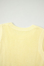 Yellow knit sweater vest with crewneck and ribbed trim.